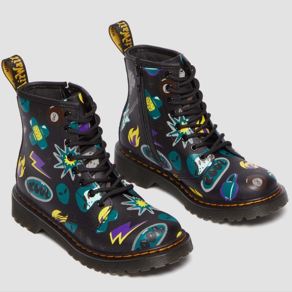 Dr. Martens 1460 J Sticker Print Leather Lace Up Boots Junior Sz 5 Black NWT